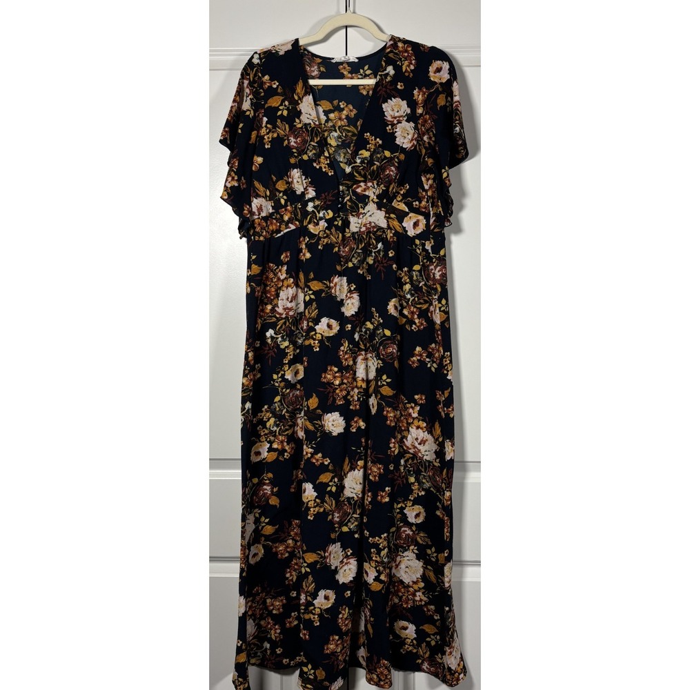 Bailey Blue Womens Maxi Dress Black Empire Waist V-Neck Floral Print Cottage XL